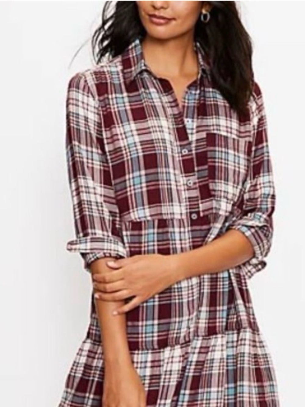LOFT Burgundy Plaid Button-Front Shirt Dress